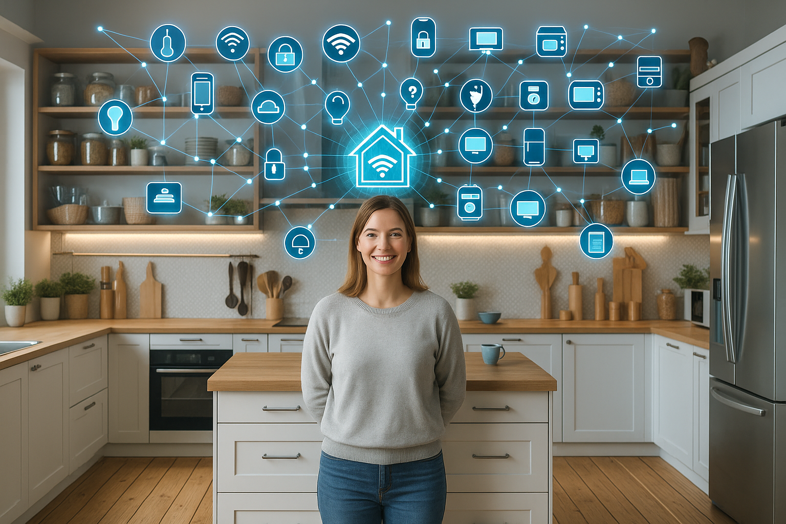A woman in a stylish kitchen with smart home devices, illustrating the integration of technology into home cooking.