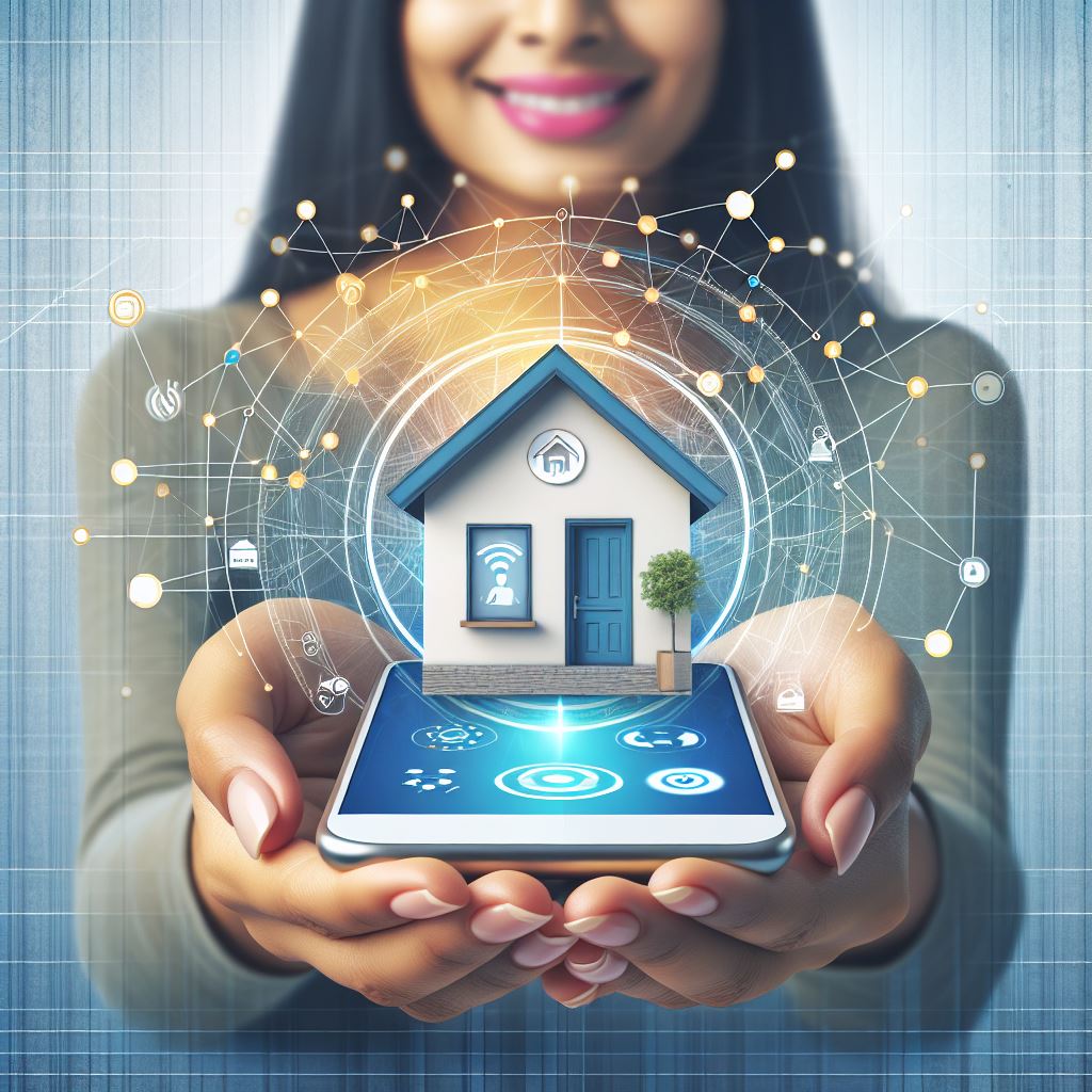 Woman with a smartphone, showcasing a smart home concept featuring a house and digital connectivity elements.